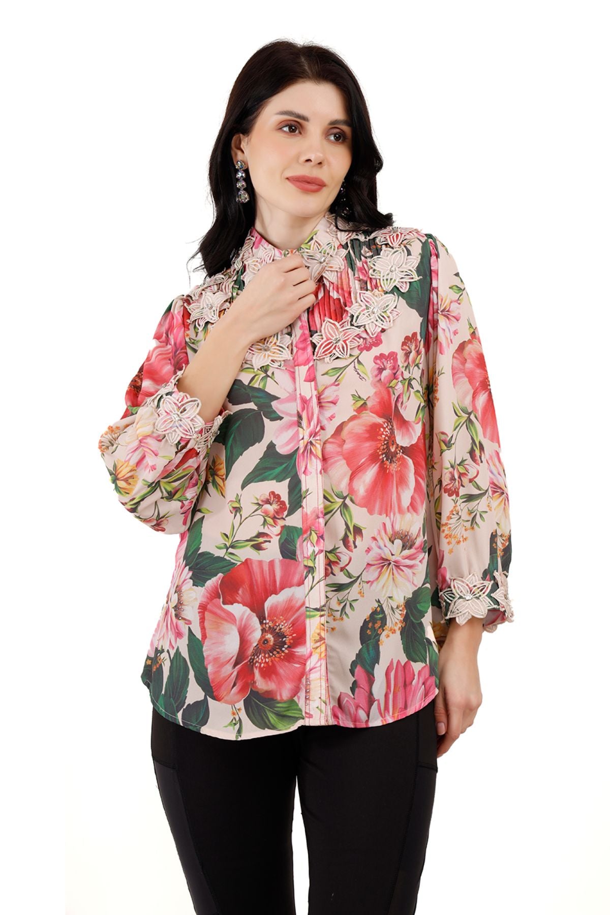 Floral Pintucked Shirt with Applique Collar