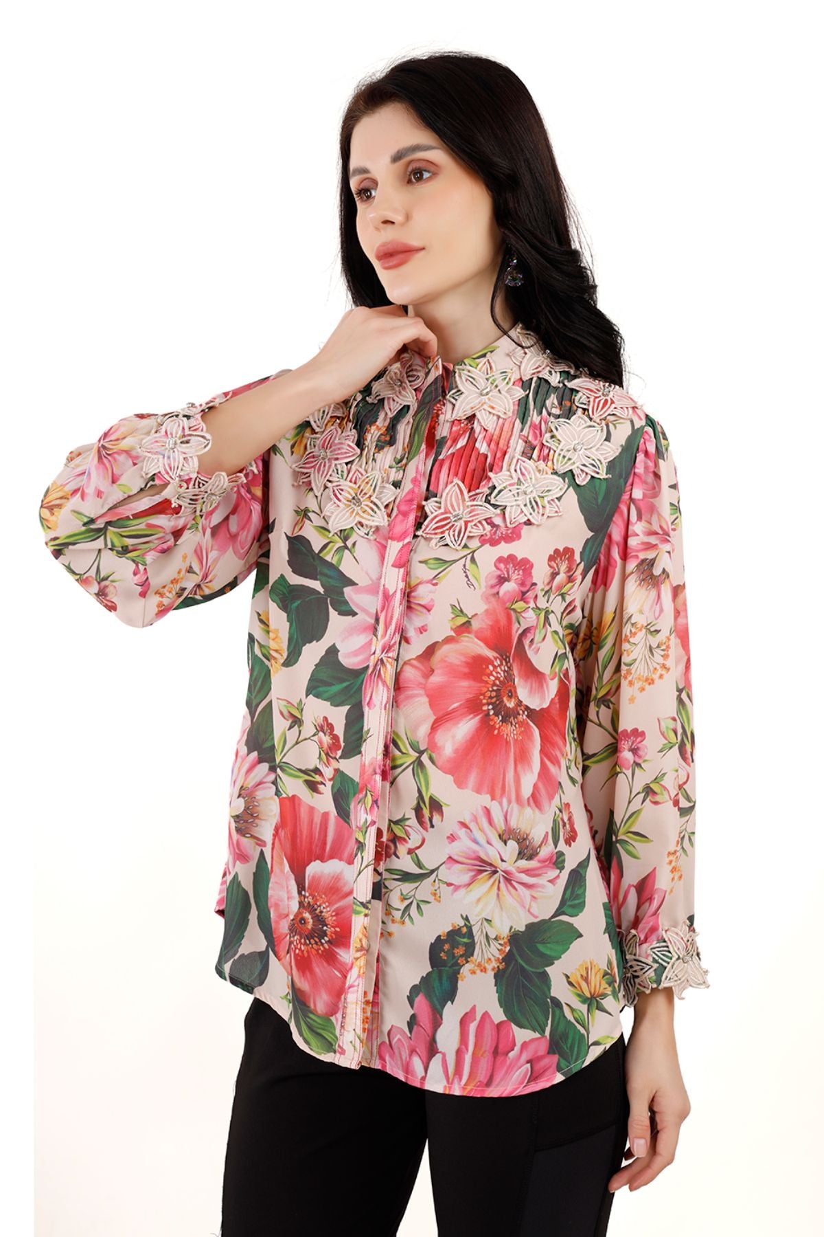 Floral Pintucked Shirt with Applique Collar