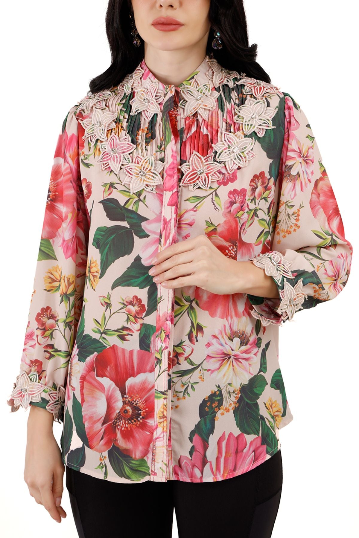 Floral Pintucked Shirt with Applique Collar