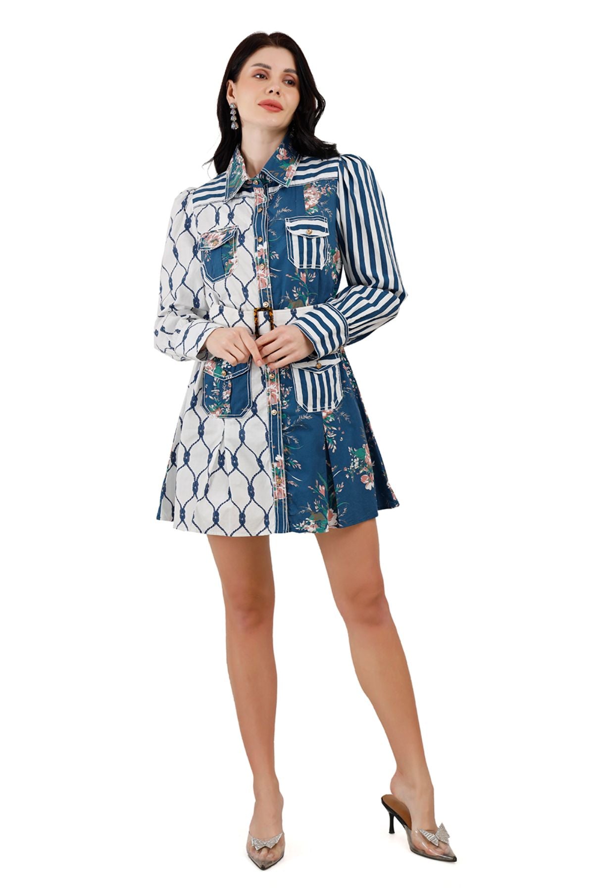 Blue Color Block Shirt Dress