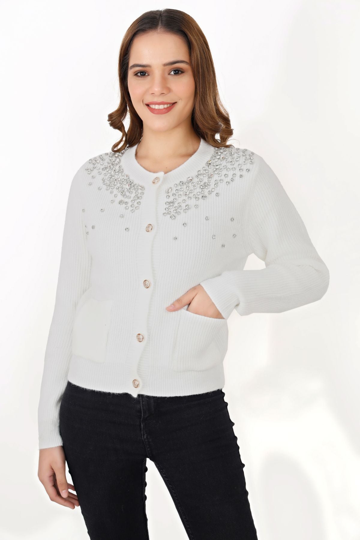 Rhinestone Embellished Cardigan - White