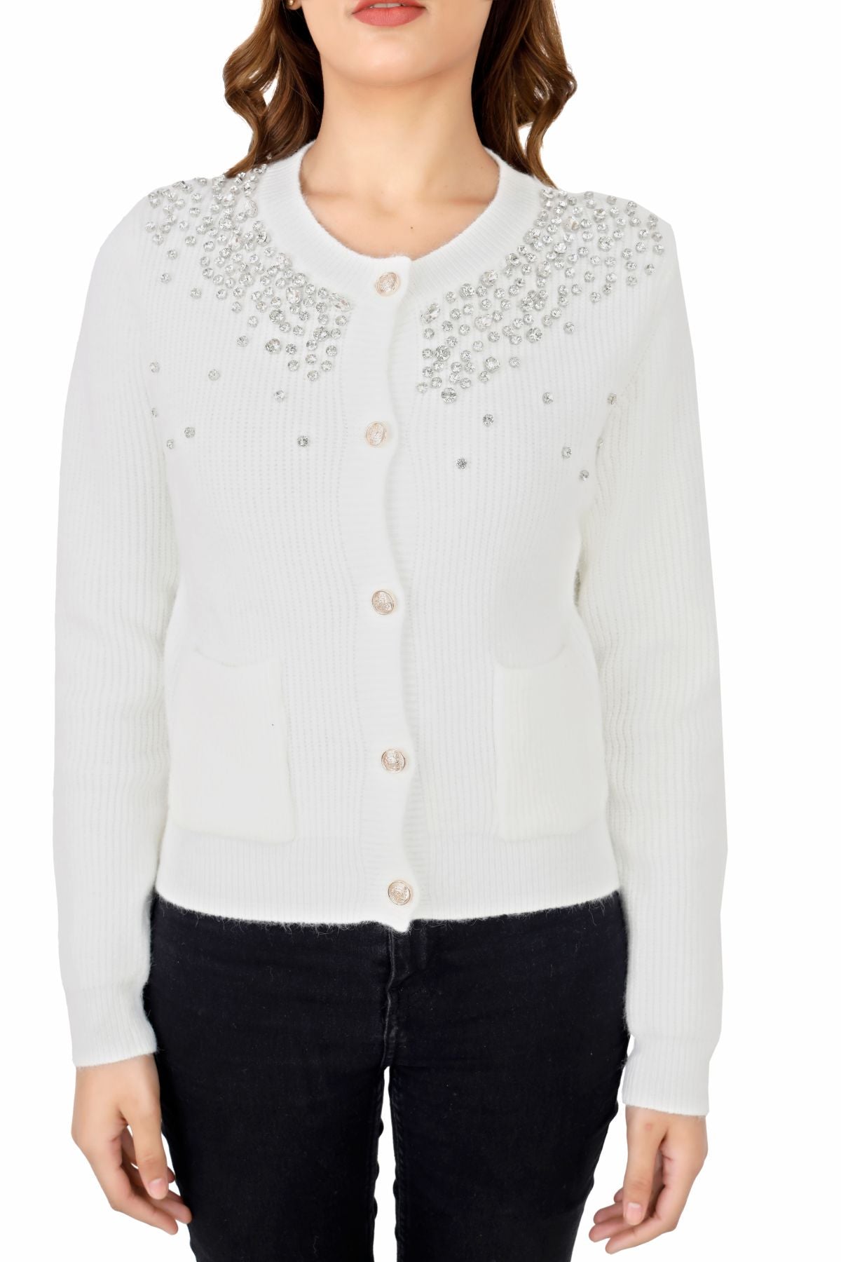 Rhinestone Embellished Cardigan - White