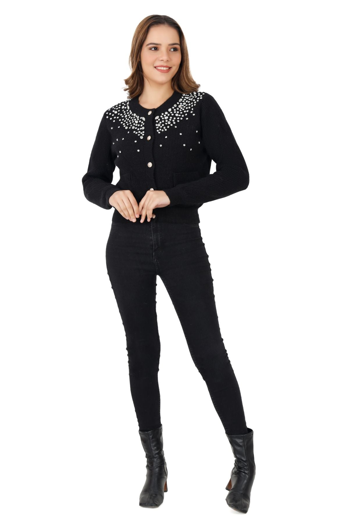 Rhinestone Embellished Cardigan - Black