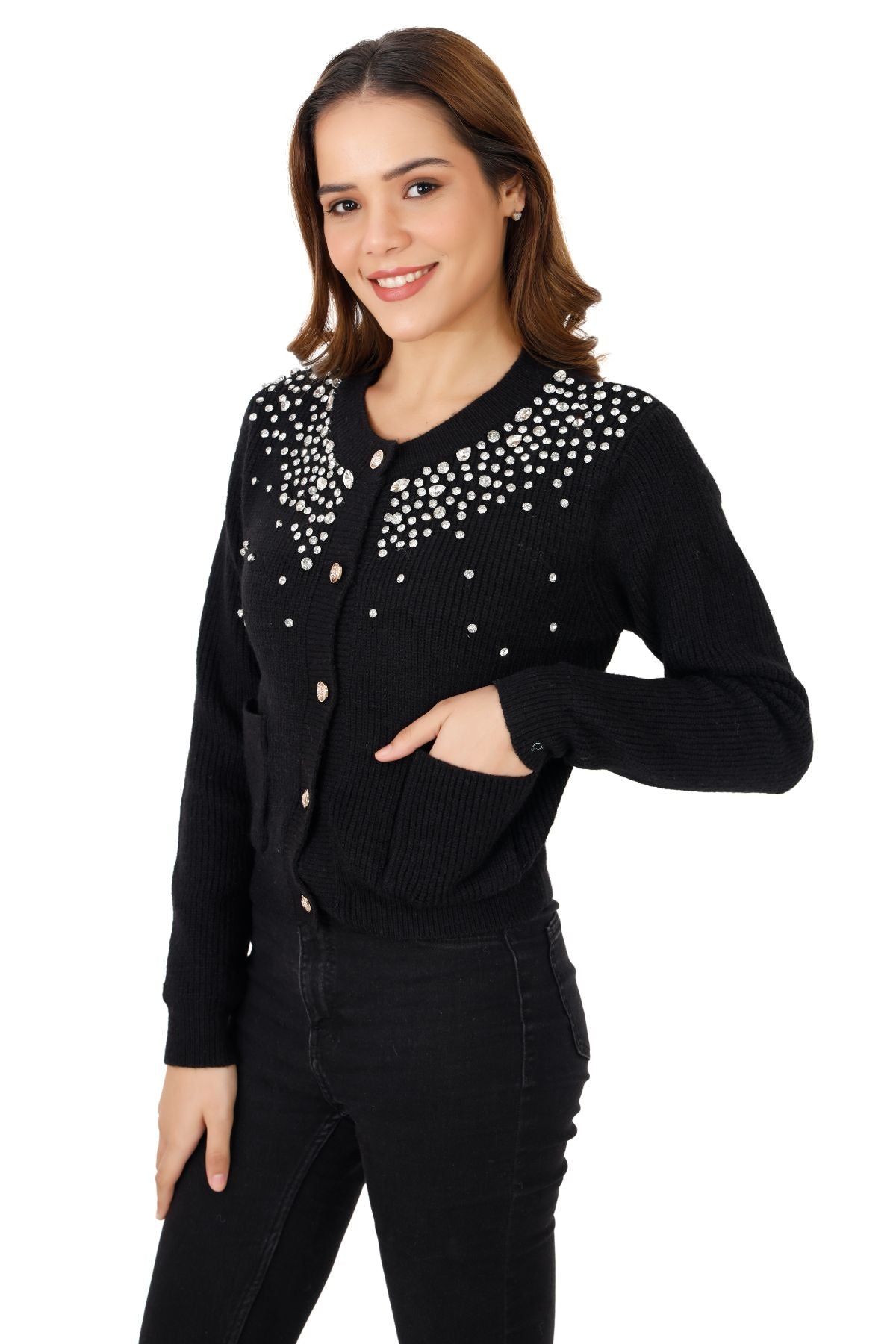 Rhinestone Embellished Cardigan - Black