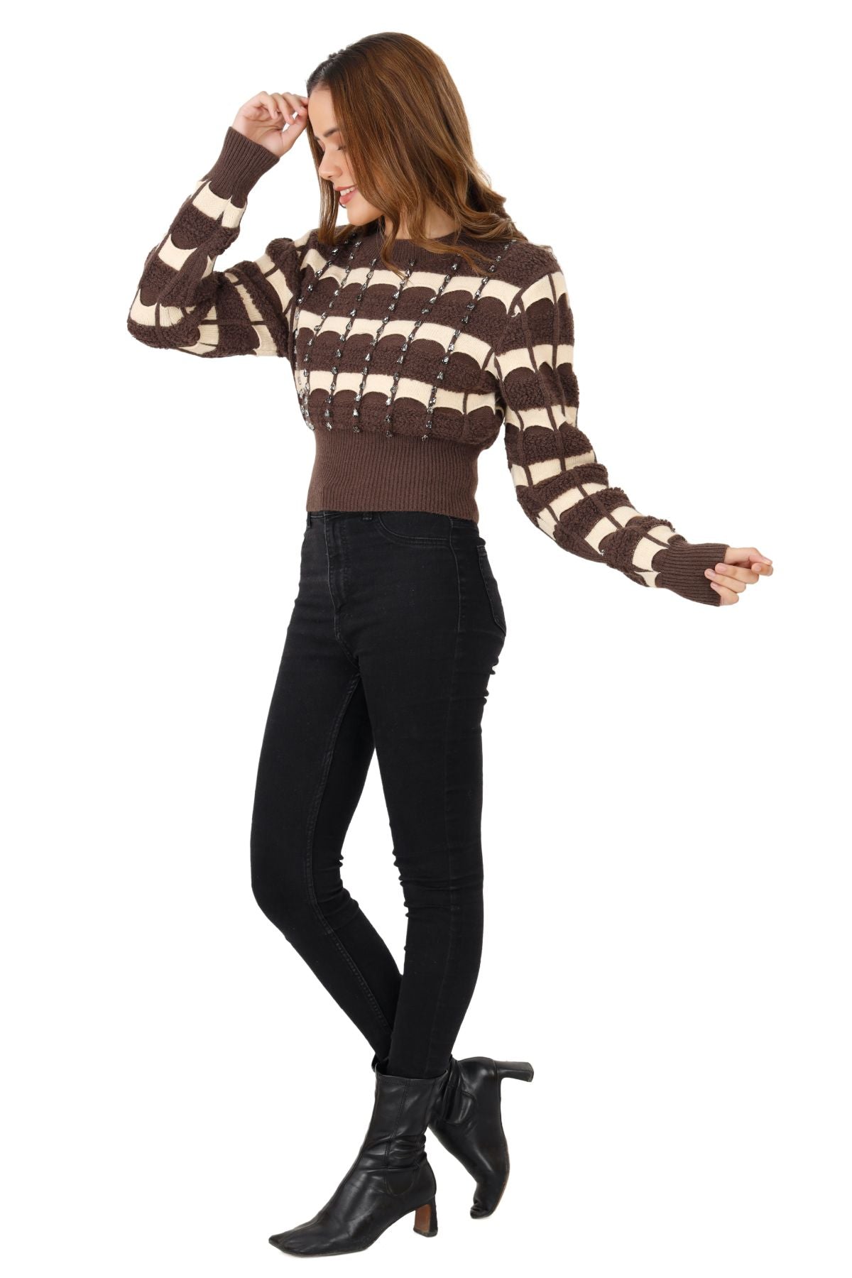 Embellished Knitted Crop Jumper - Choco Brown & Beige