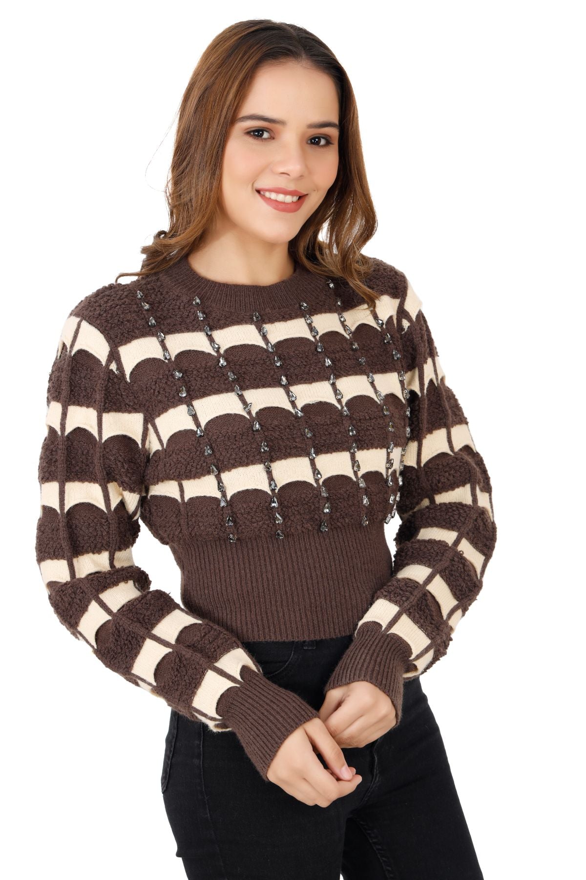 Embellished Knitted Crop Jumper - Choco Brown & Beige