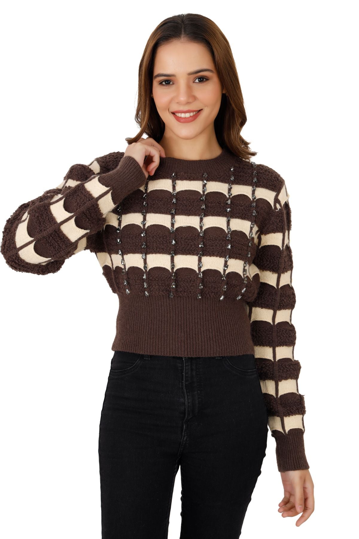 Embellished Knitted Crop Jumper - Choco Brown & Beige