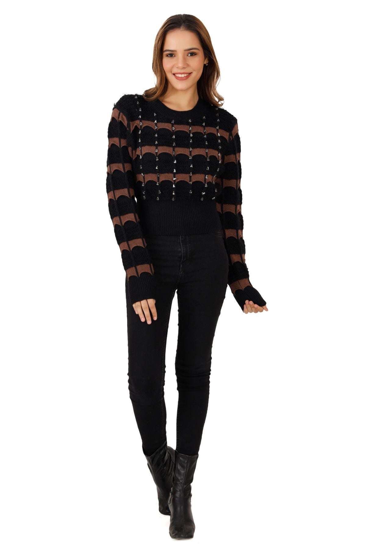 Embellished Knitted Crop Jumper - Black & Brown