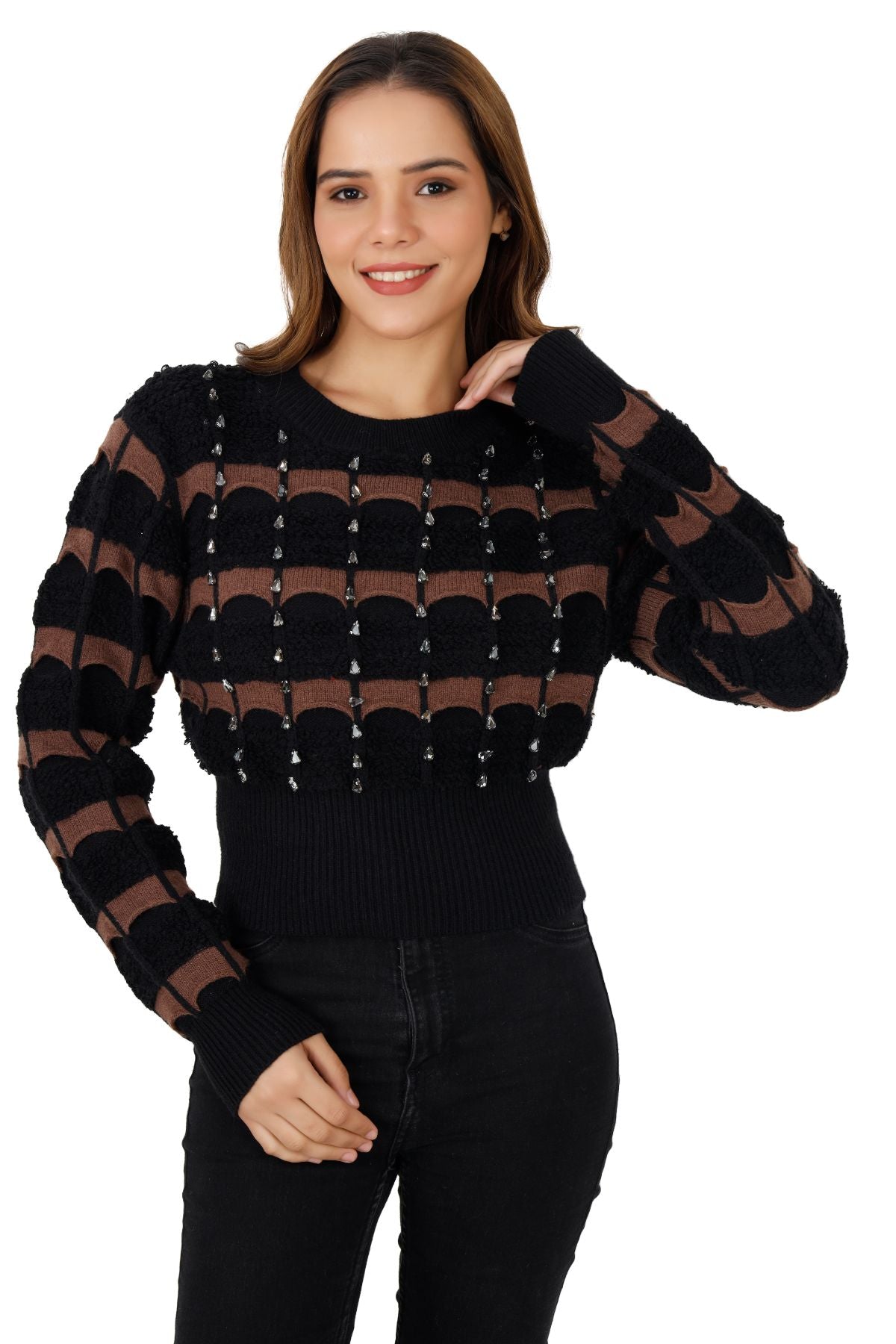 Embellished Knitted Crop Jumper - Black & Brown