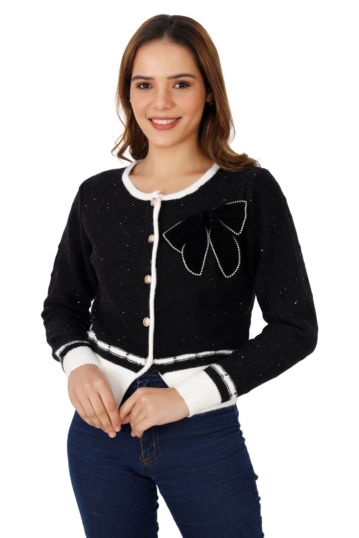 Shimmer Cardigan with Contrast Ribbed Piping - Black