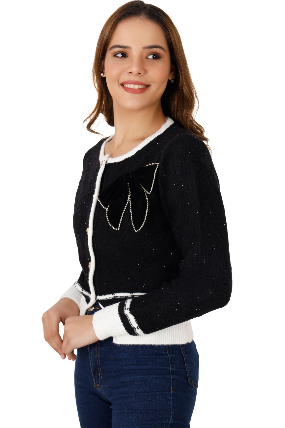 Shimmer Cardigan with Contrast Ribbed Piping - Black