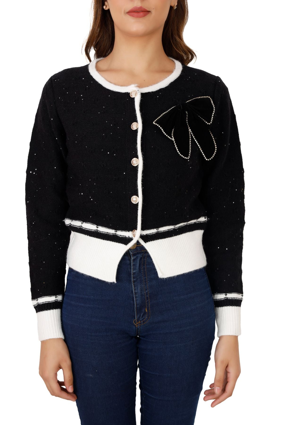 Shimmer Cardigan with Contrast Ribbed Piping - Black