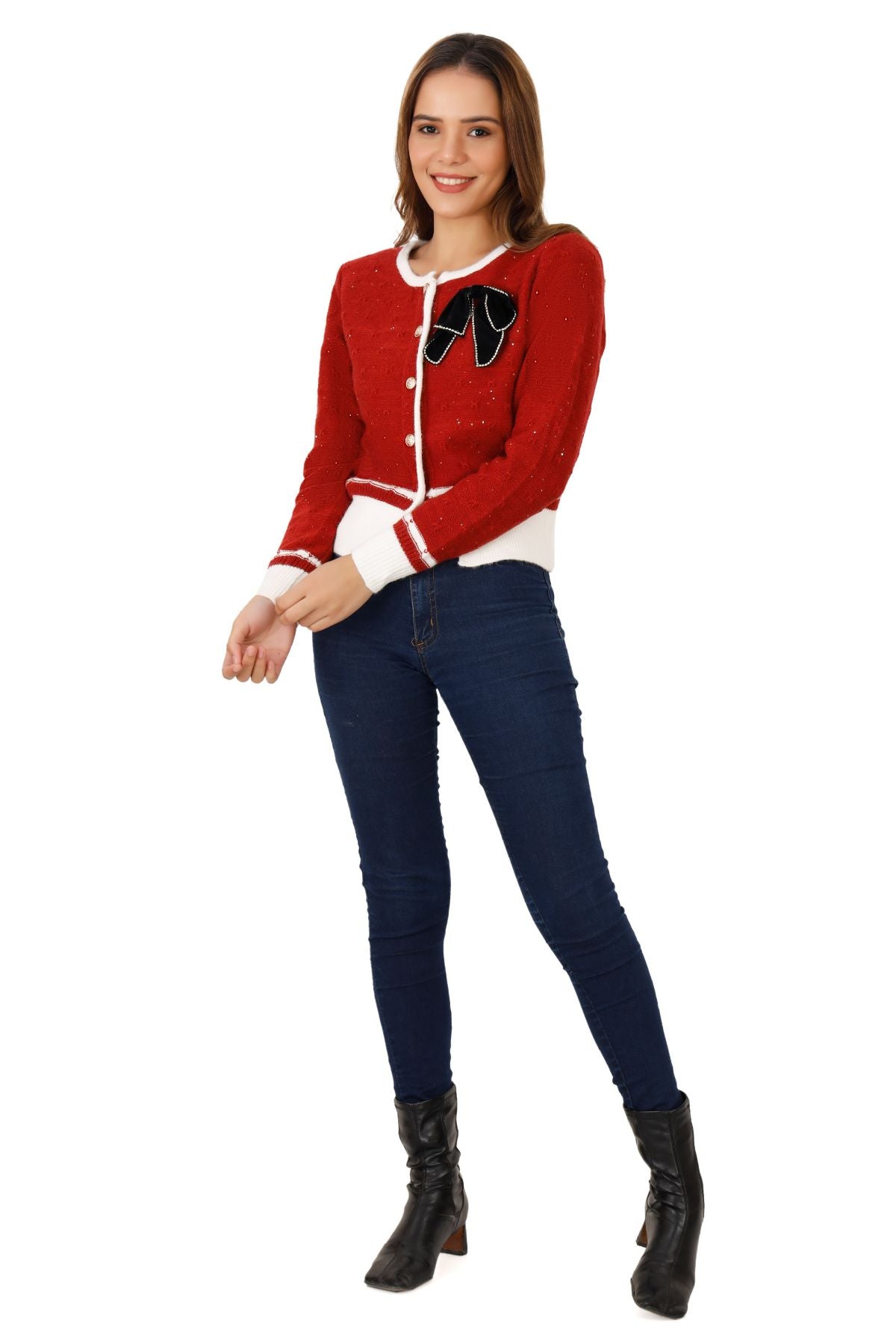 Shimmer Cardigan with Contrast Ribbed Piping - Red