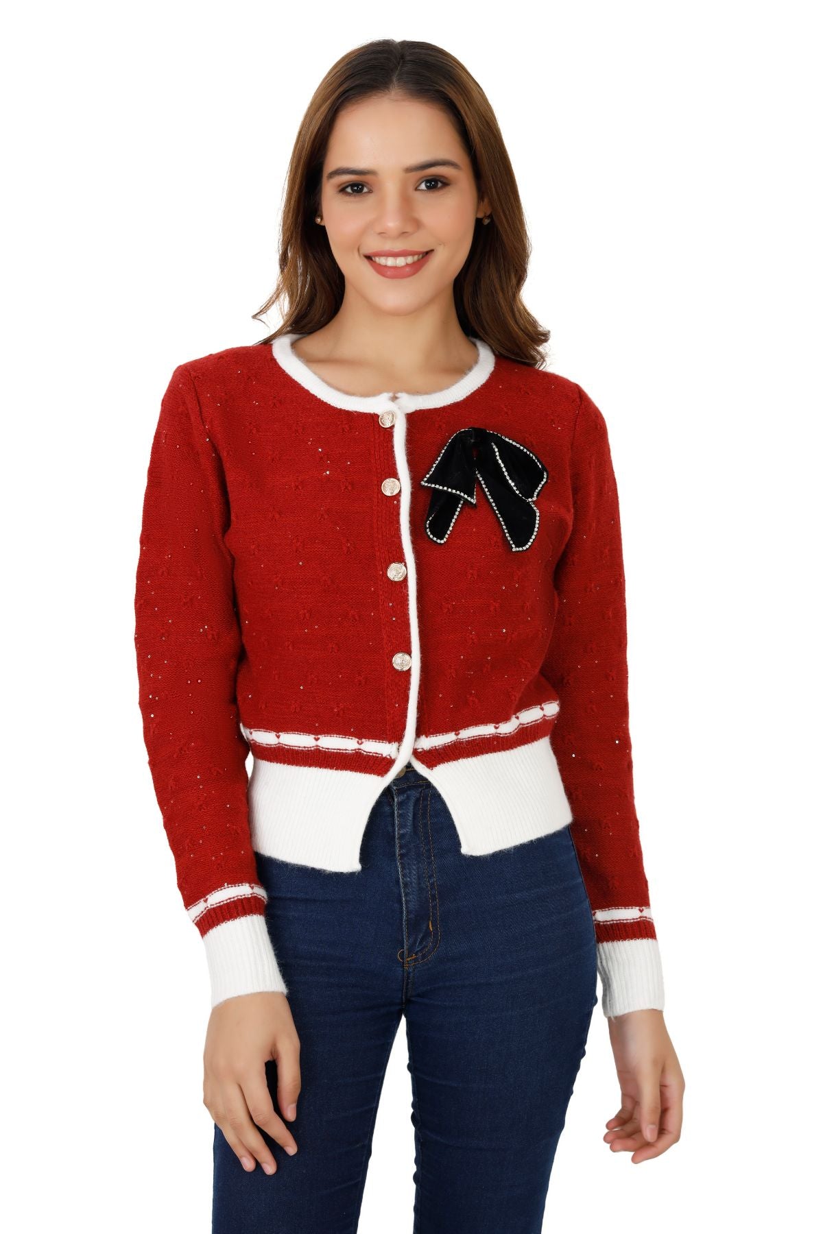 Shimmer Cardigan with Contrast Ribbed Piping - Red