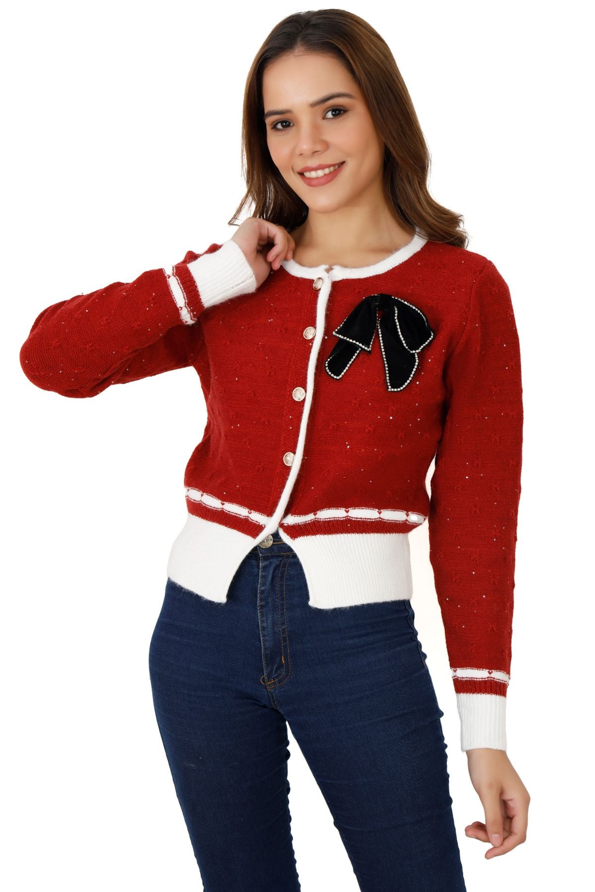 Shimmer Cardigan with Contrast Ribbed Piping - Red