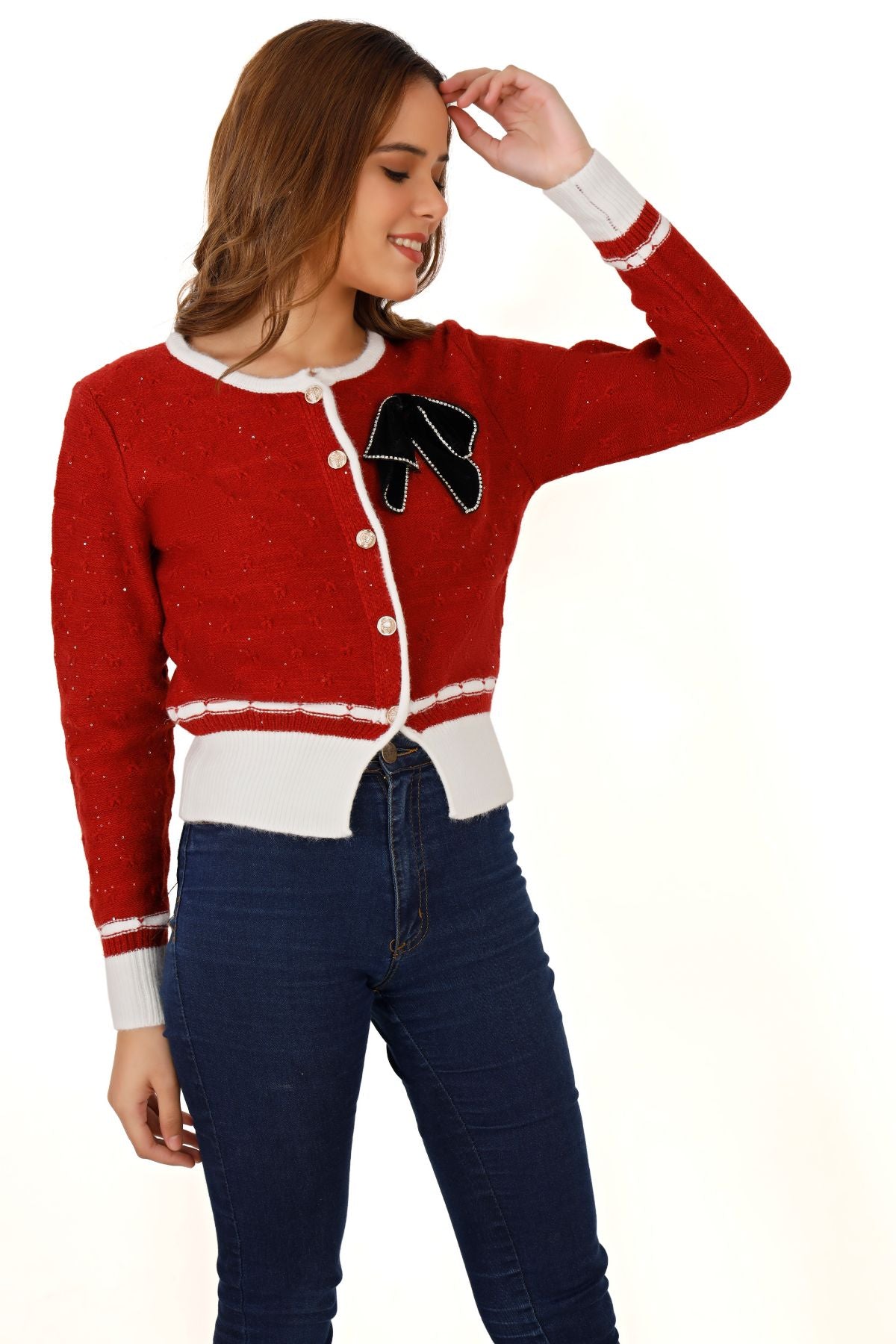 Shimmer Cardigan with Contrast Ribbed Piping - Red