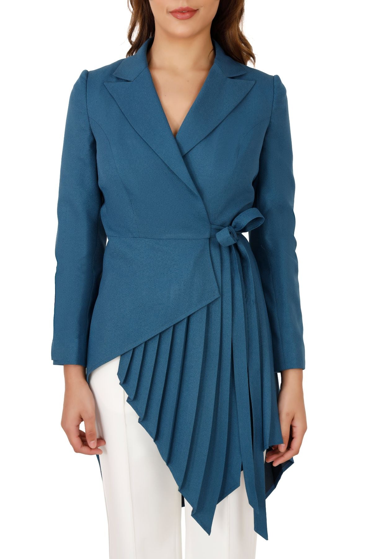 Blue Wrap Style Asymmetric Pleated Blazer