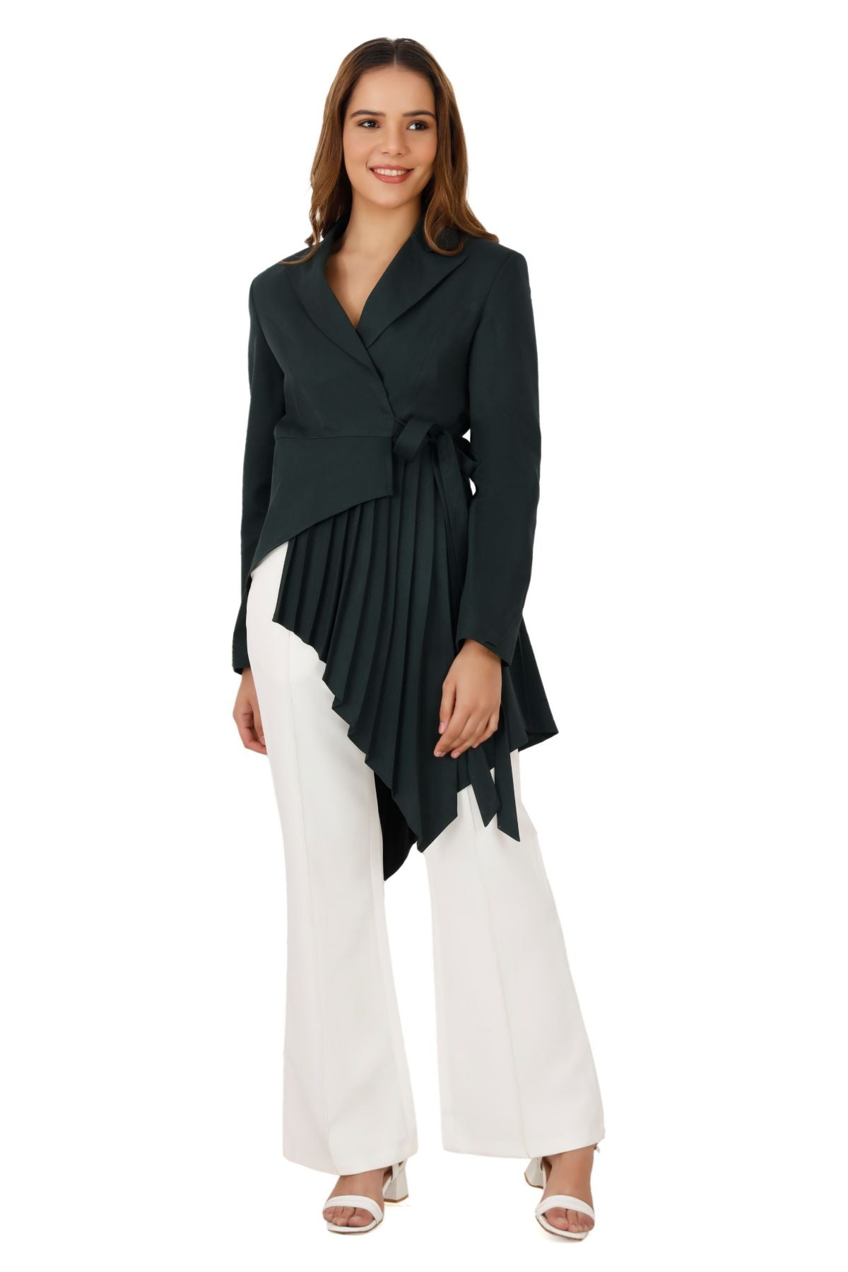 Green Wrap Style Asymmetric Pleated Blazer