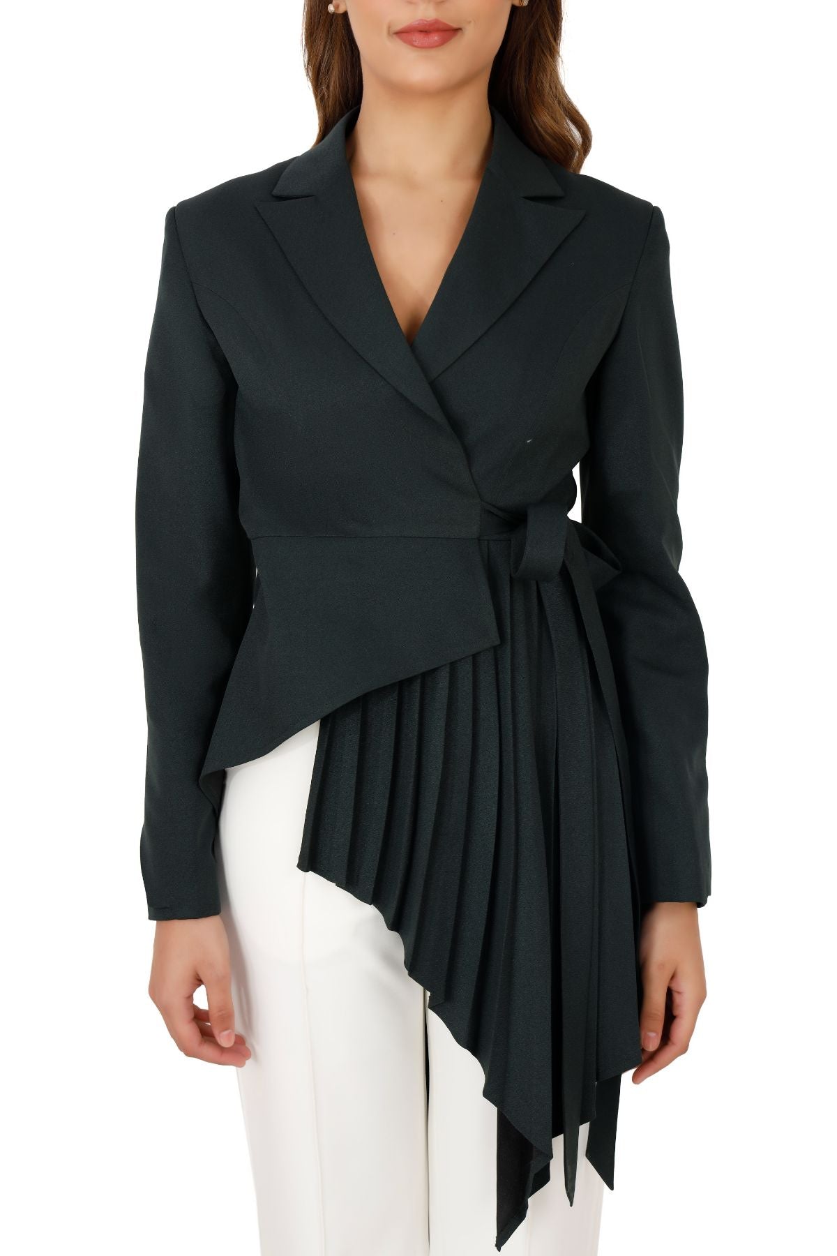 Green Wrap Style Asymmetric Pleated Blazer