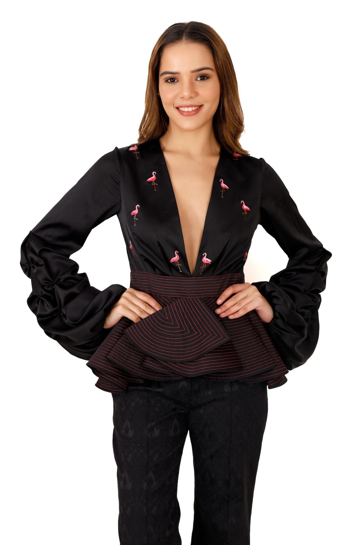 Black Satin Embroidered Peplum Blouse - Pink Flamingo