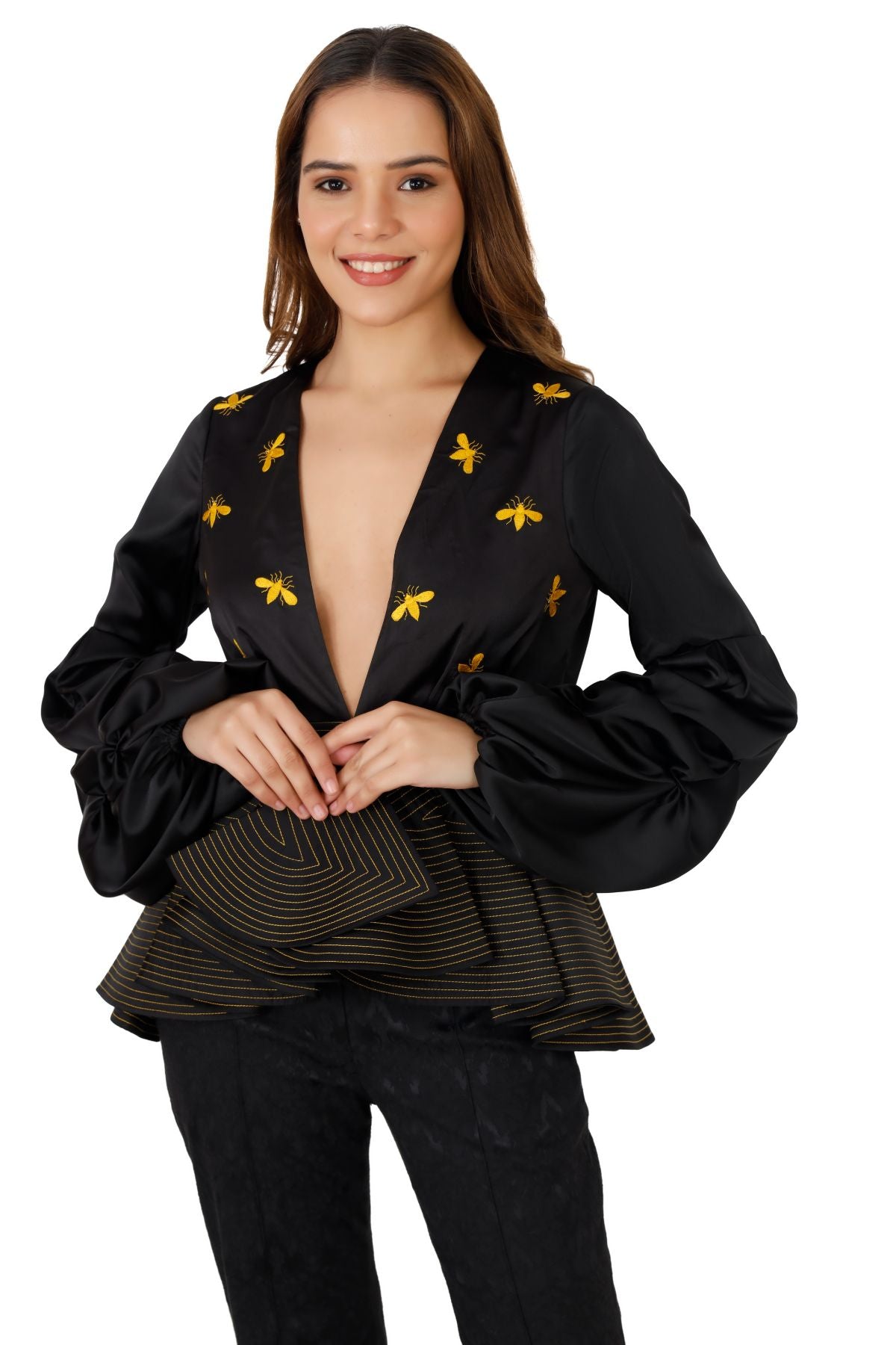 Black Satin Embroidered Peplum Blouse - Yellow Beetle