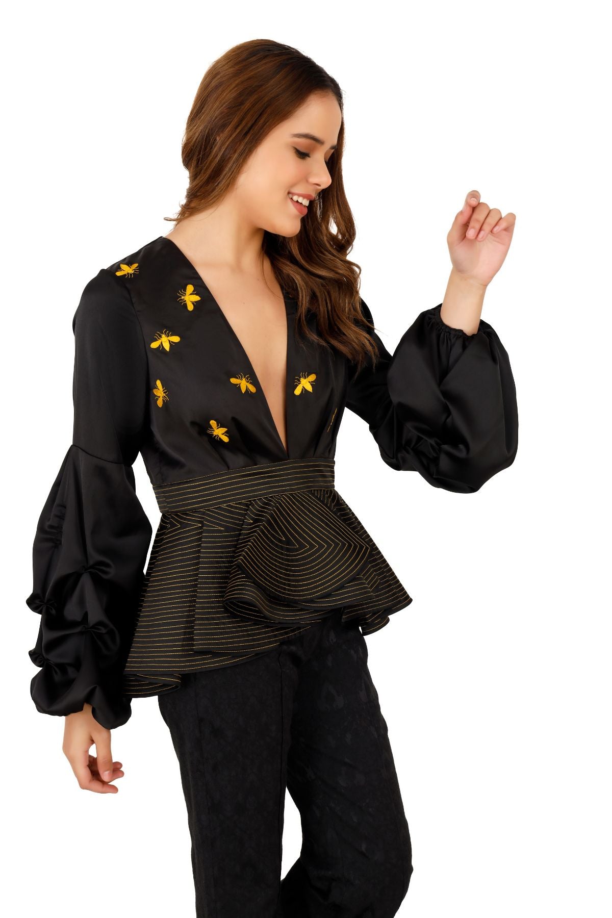 Black Satin Embroidered Peplum Blouse - Yellow Beetle