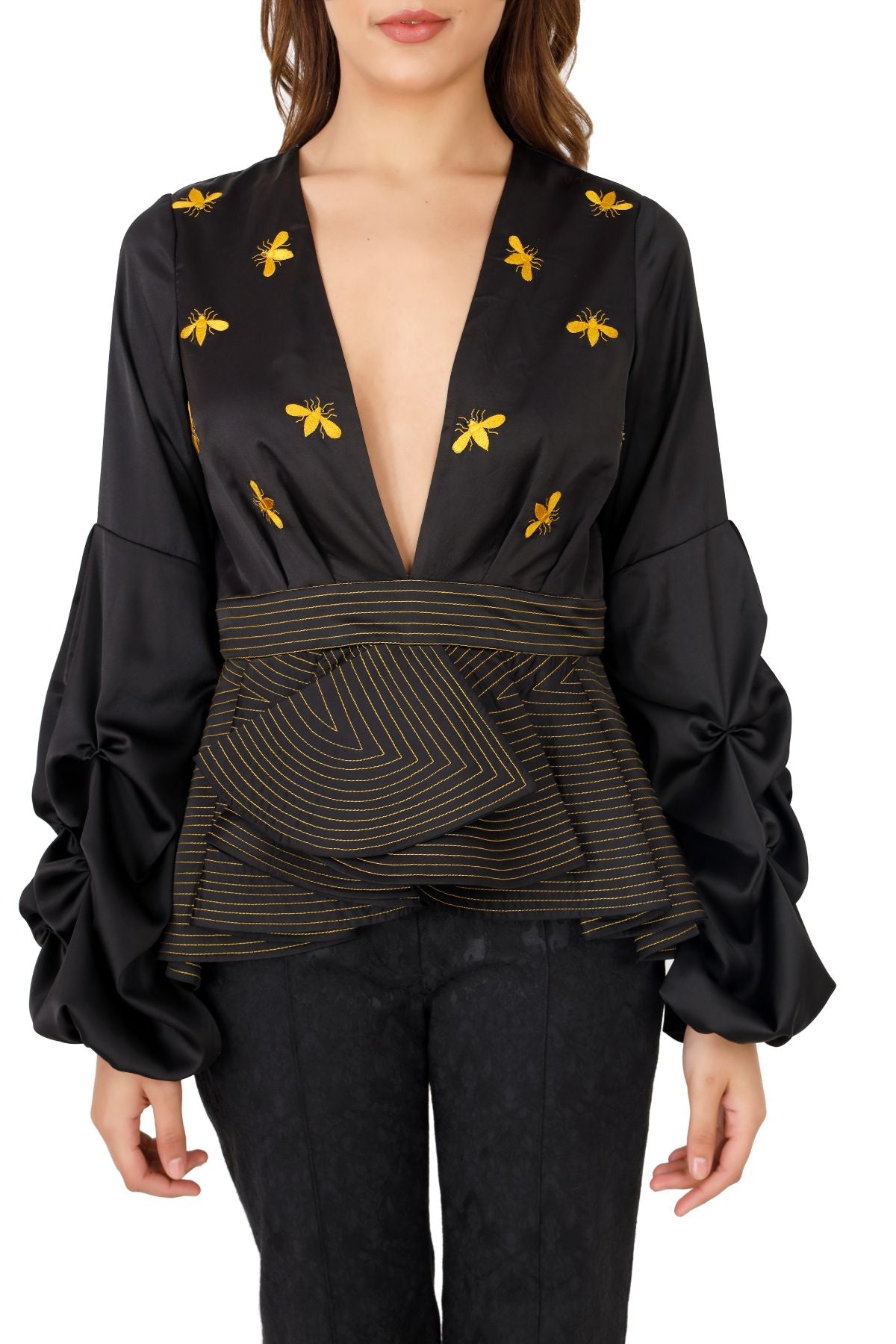 Black Satin Embroidered Peplum Blouse - Yellow Beetle