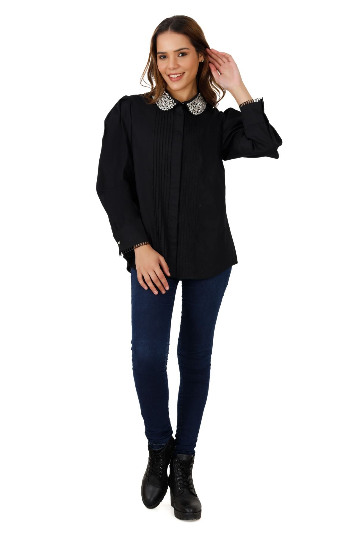 Black Pintucked Studded Collar Shirt