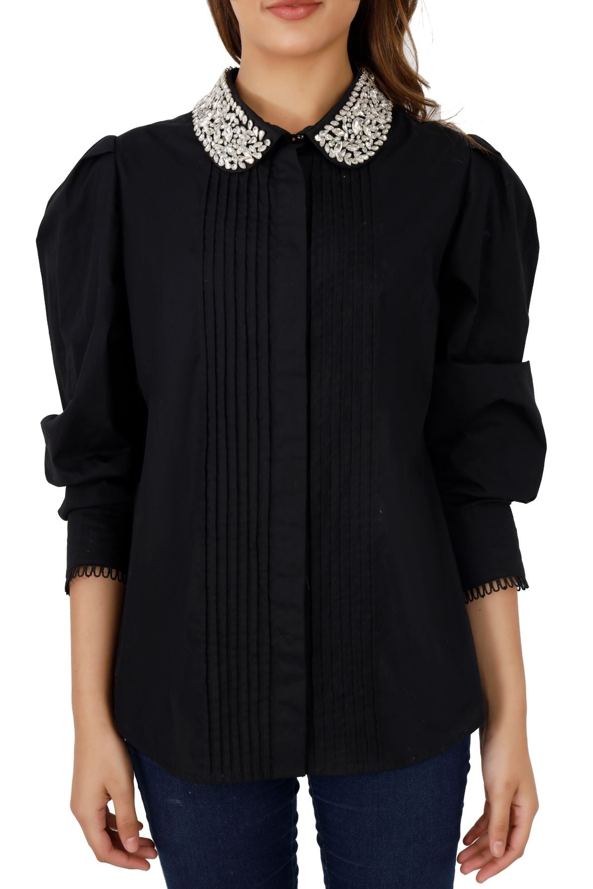 Black Pintucked Studded Collar Shirt