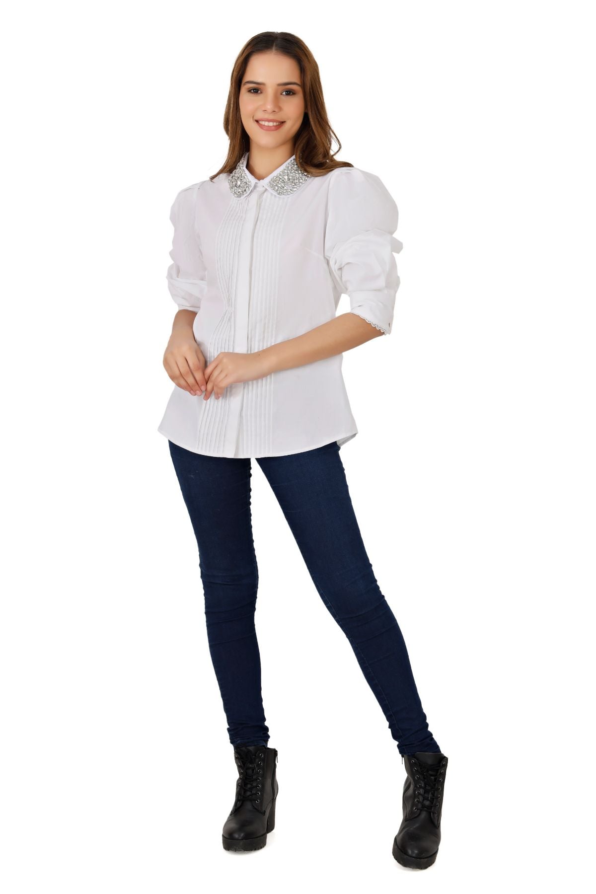 White Pintucked Studded Collar Shirt