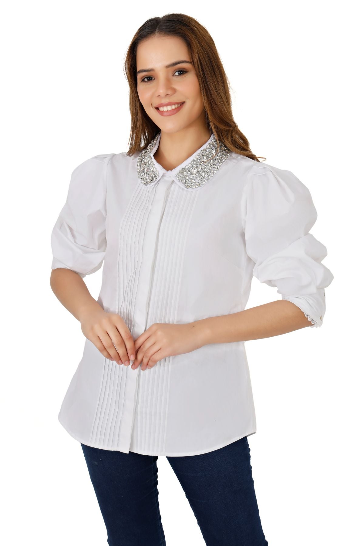 White Pintucked Studded Collar Shirt