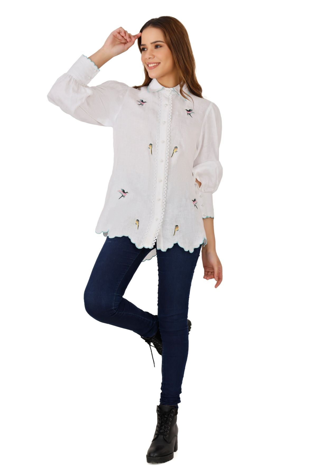 White Linen Shirt with Embroidery