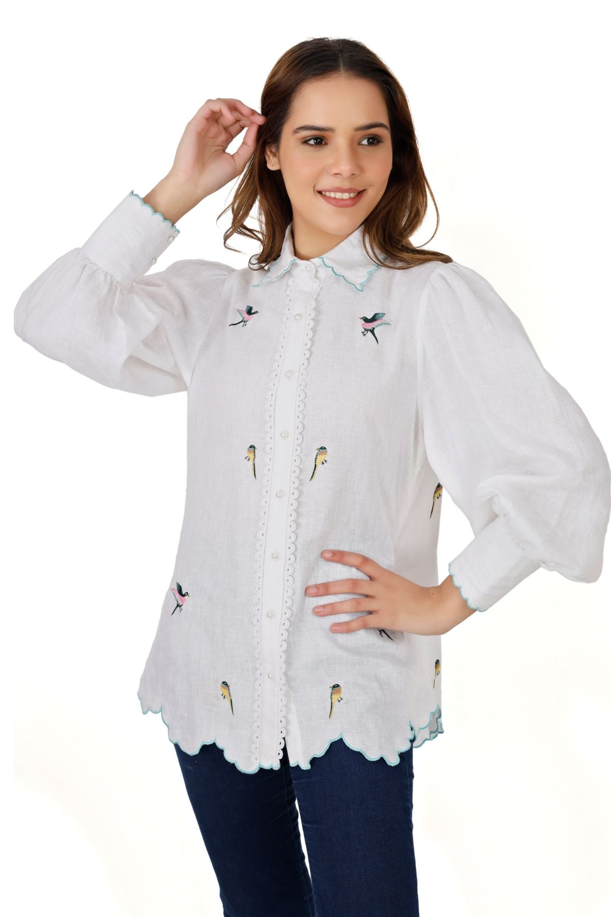 White Linen Shirt with Embroidery