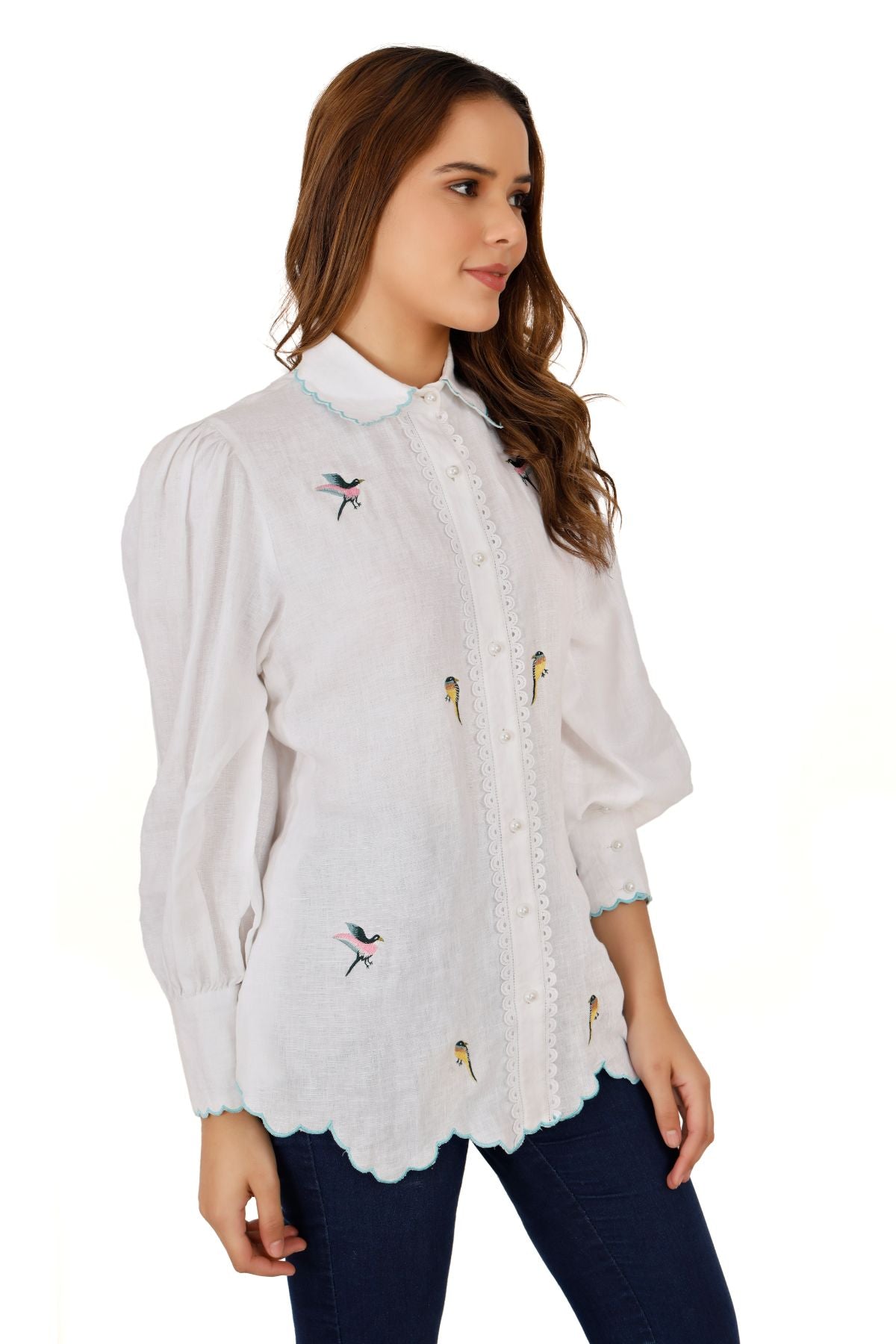 White Linen Shirt with Embroidery