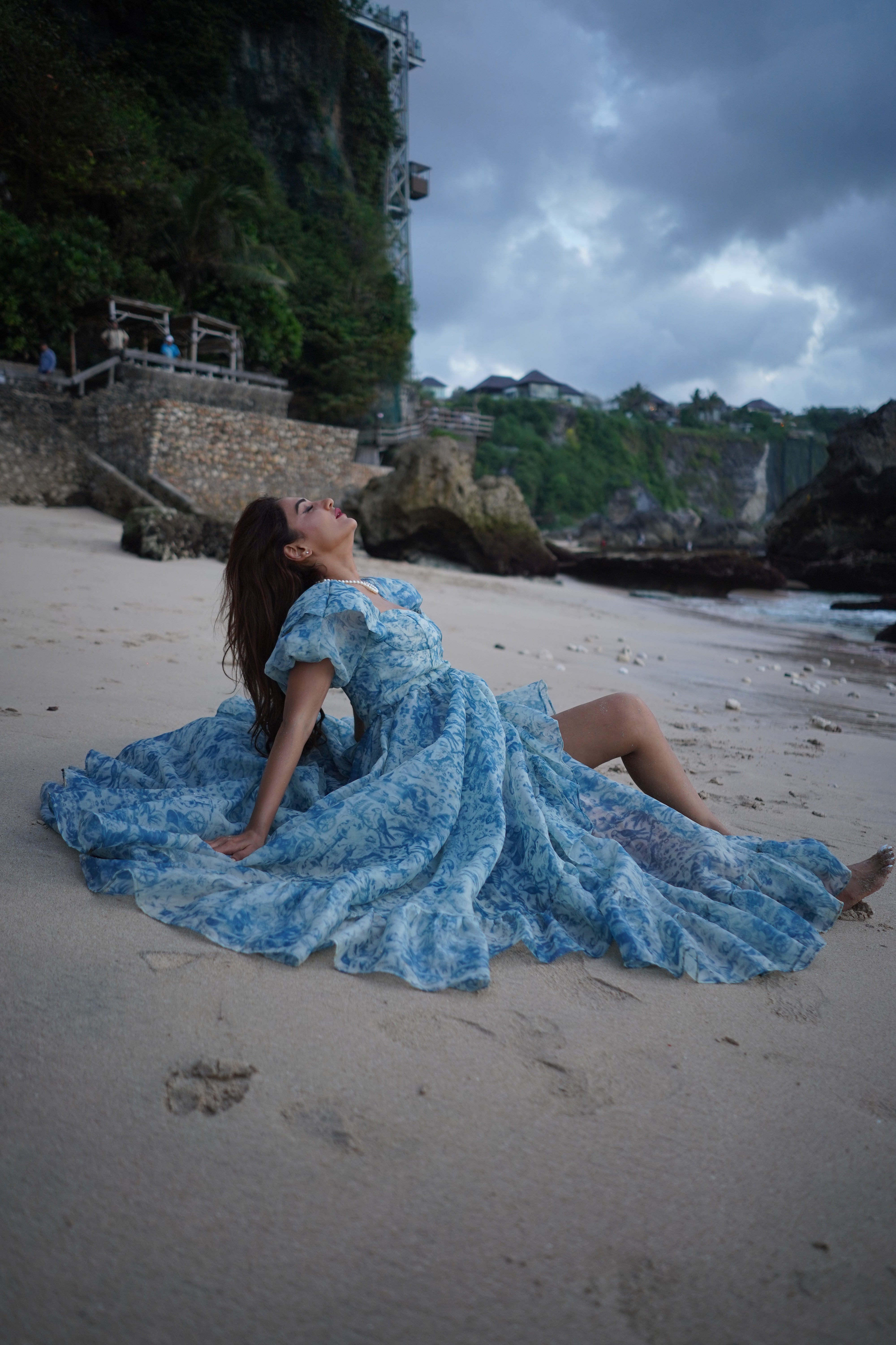 Blue Organza Ruffled Asymmetric Gown with Tail