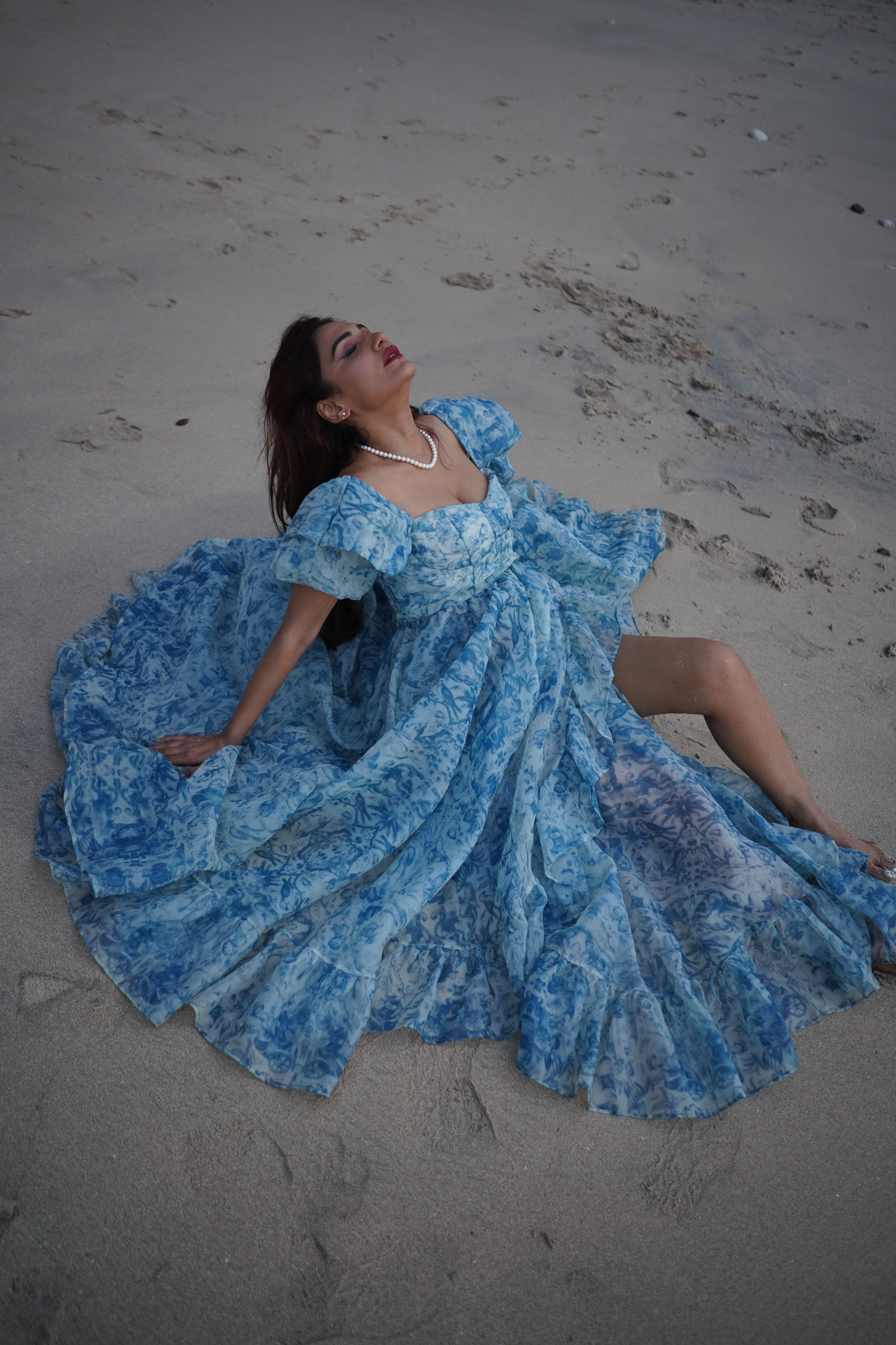 Blue Organza Ruffled Asymmetric Gown with Tail