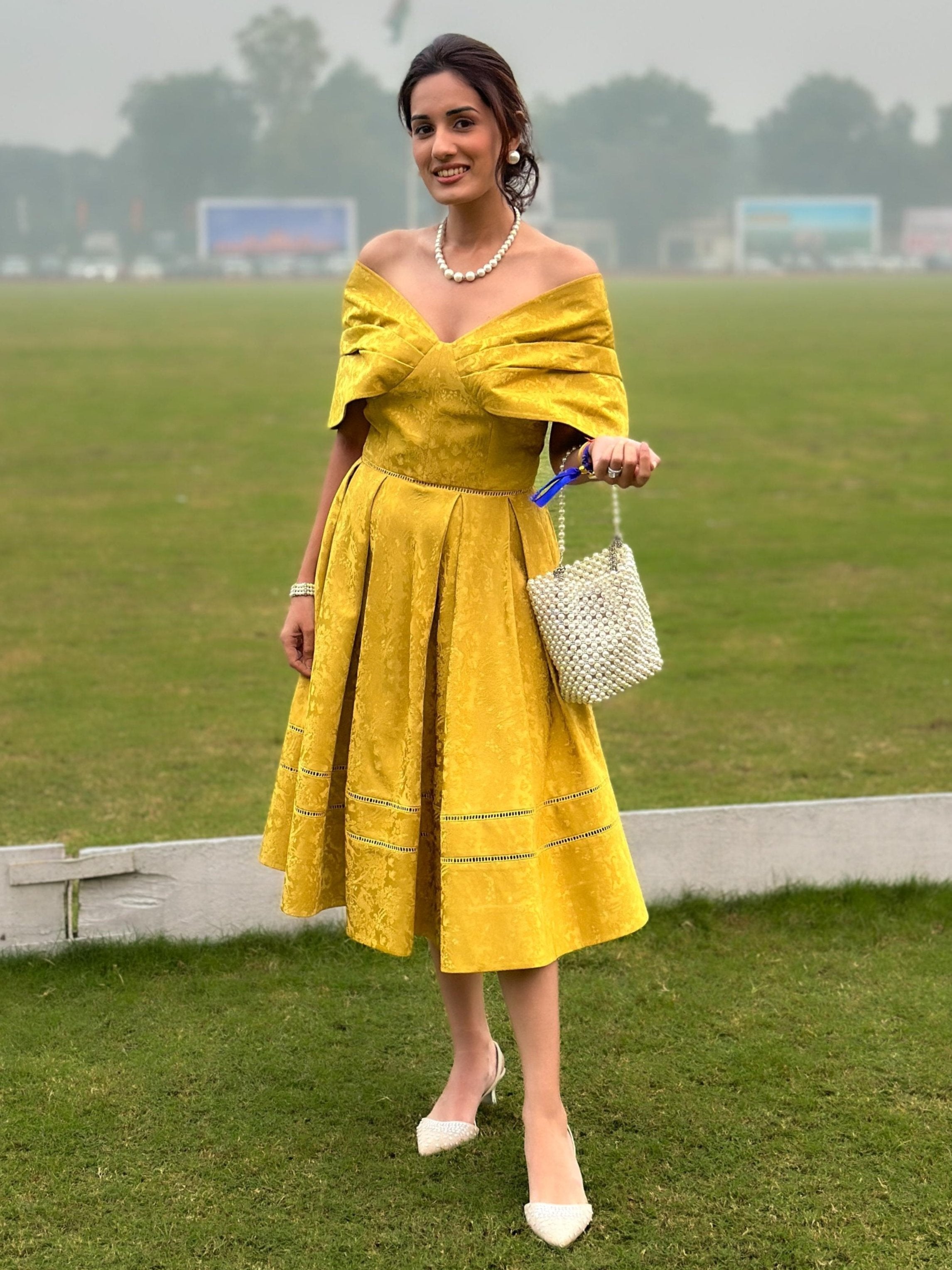 Yellow Jacquard Exaggerated Shoulder Skater Midi Dress