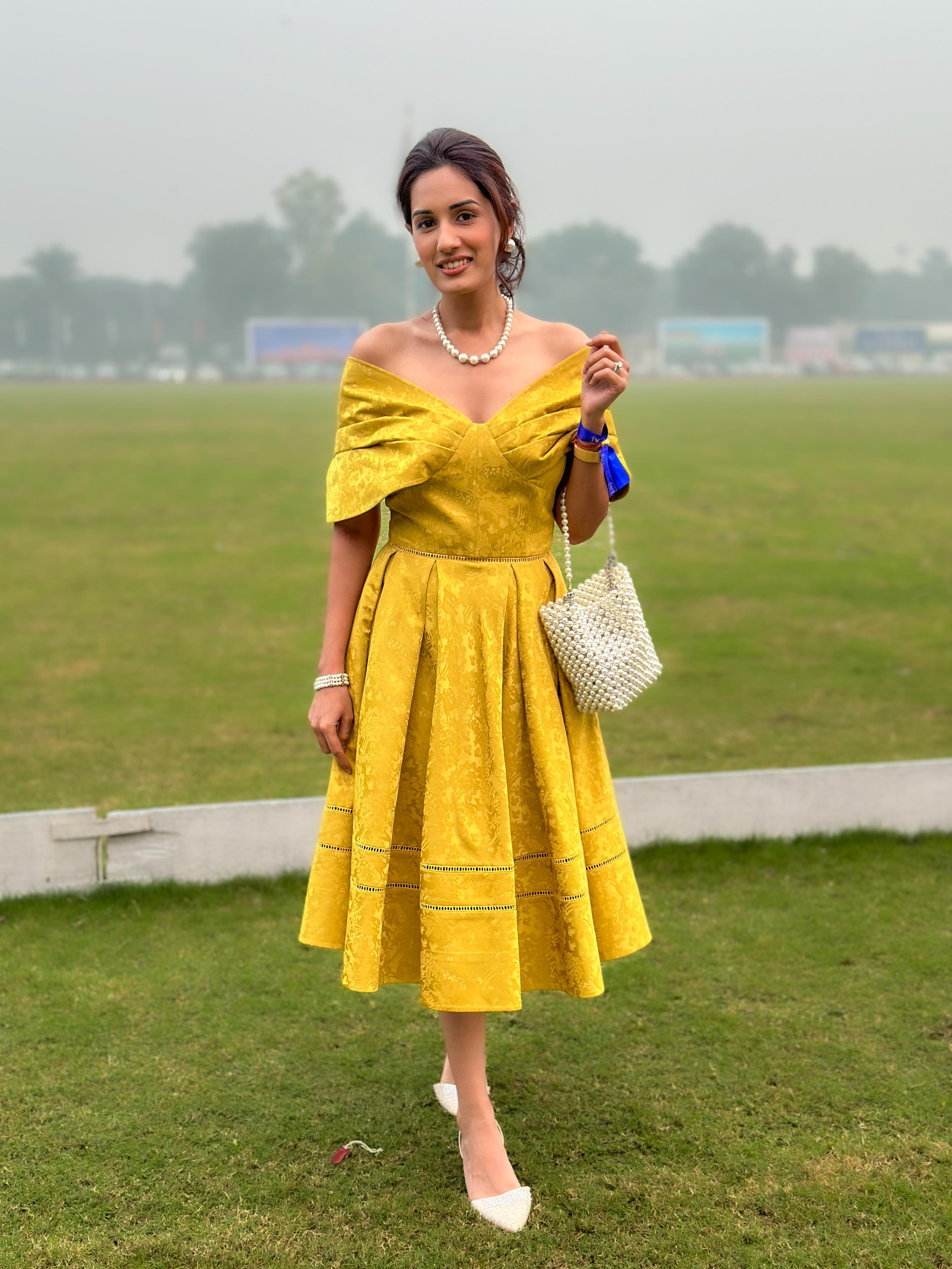 Yellow Jacquard Exaggerated Shoulder Skater Midi Dress