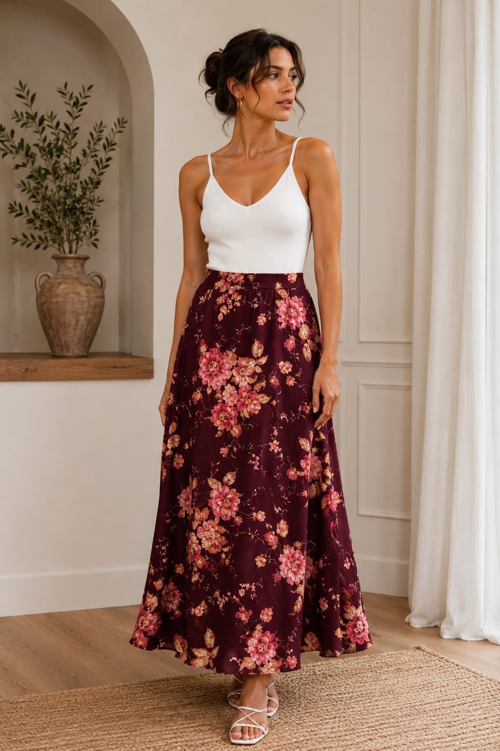 WINE FLORAL LONG SKIRT