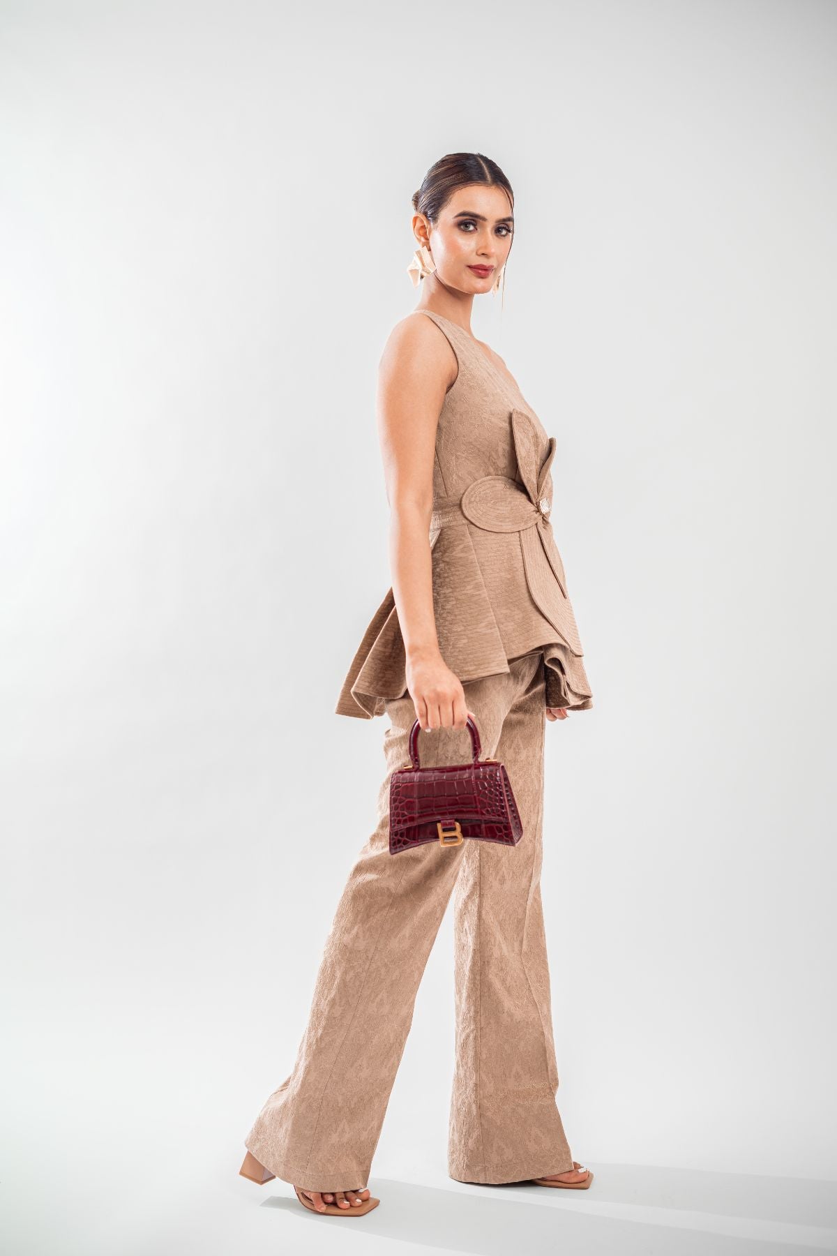 One Shoulder Pleated Asymmetric Top with Pants ( Set of 2 ) - Khaki