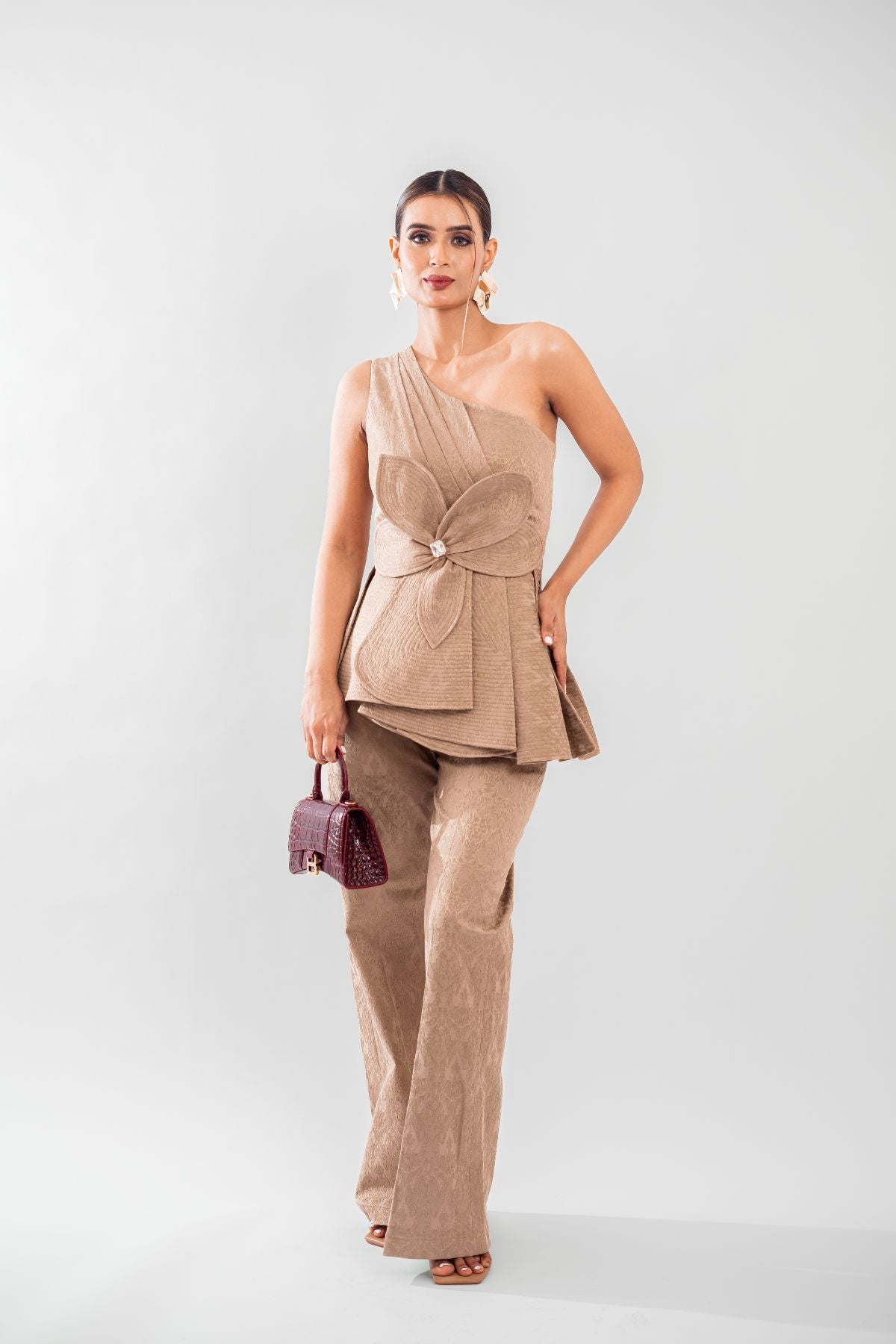 One Shoulder Pleated Asymmetric Top with Pants ( Set of 2 ) - Khaki