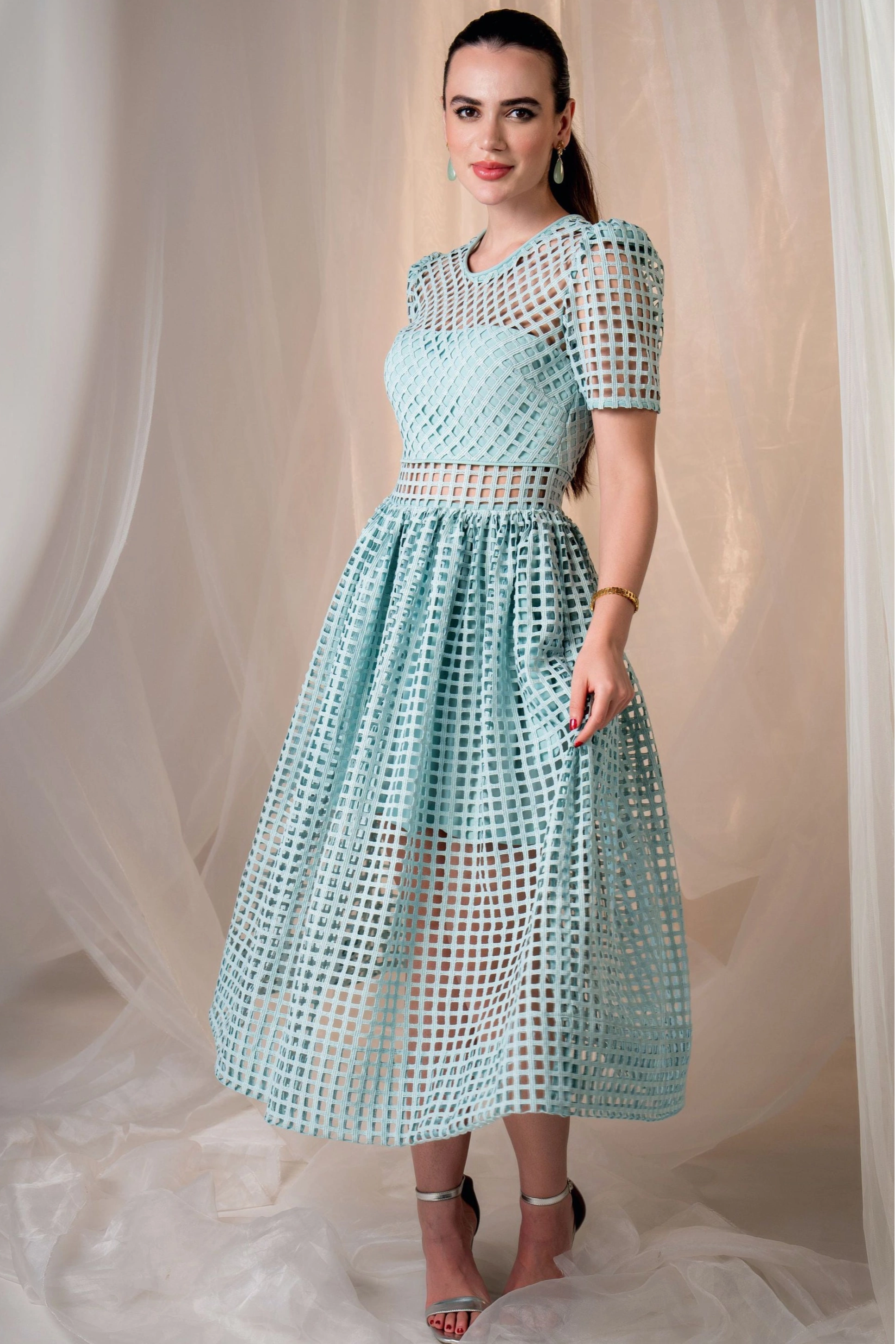 Lattice Lace Sheer Panelled Midi Dress - Teal Blue